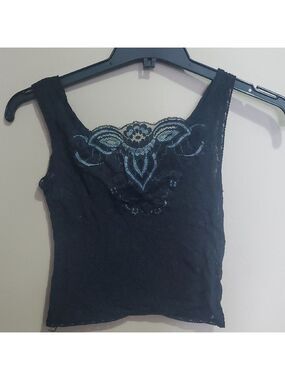 Elegant Black Lace Top with Blue Embroidery Size Medium